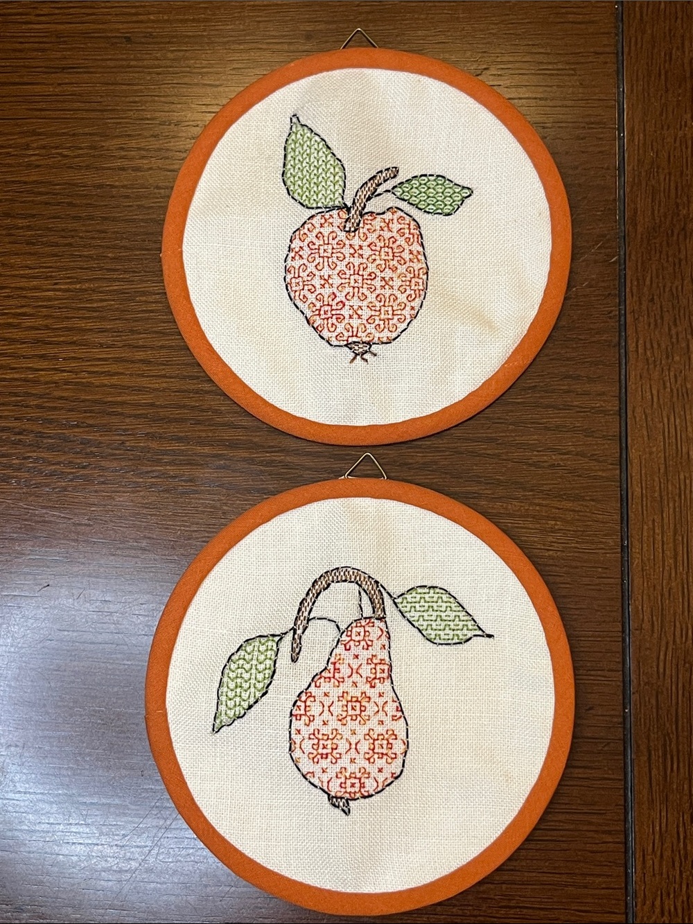 Vintage Set of 2 - Hand-Embroidered Apple & Pear Wall Hoops - Rusty Trim
